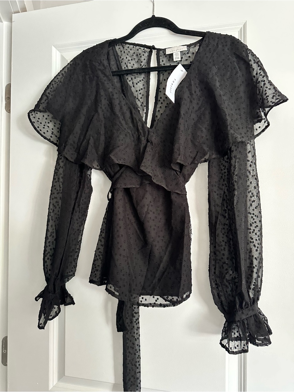 Topshop Sheer Black Tie Ruffle Collar shirt, Size US 10- nwt